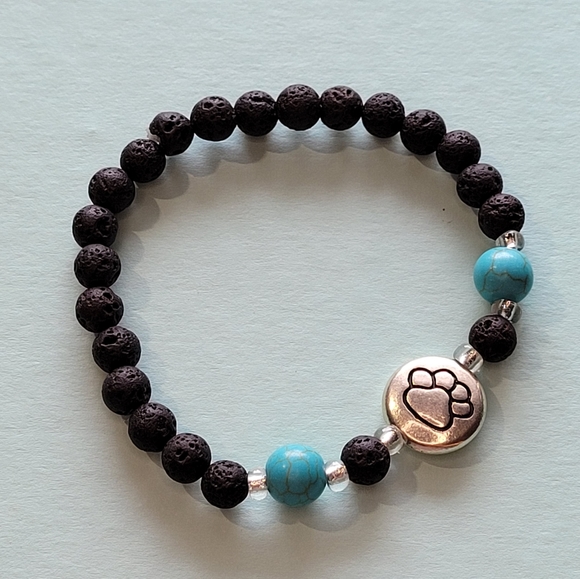 🖤3/$50 Silver Plated Paw Print Agate Stone Lava Bead Handmade Bracelet - Picture 5 of 7